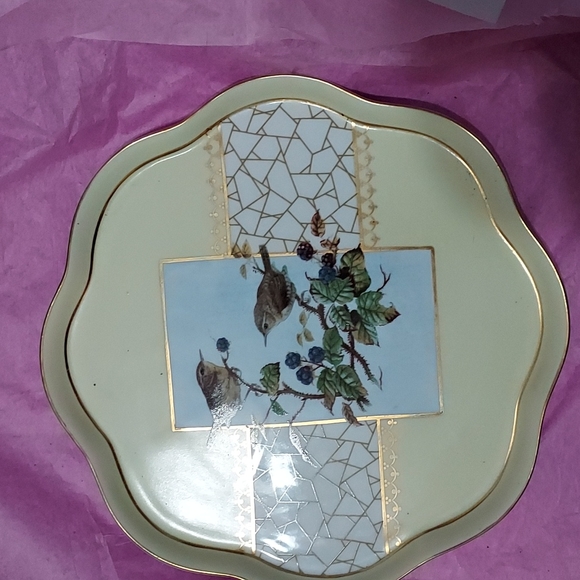Display Plate with sparrow and blackberries on yellow background w/ Gold accents - Picture 1 of 3